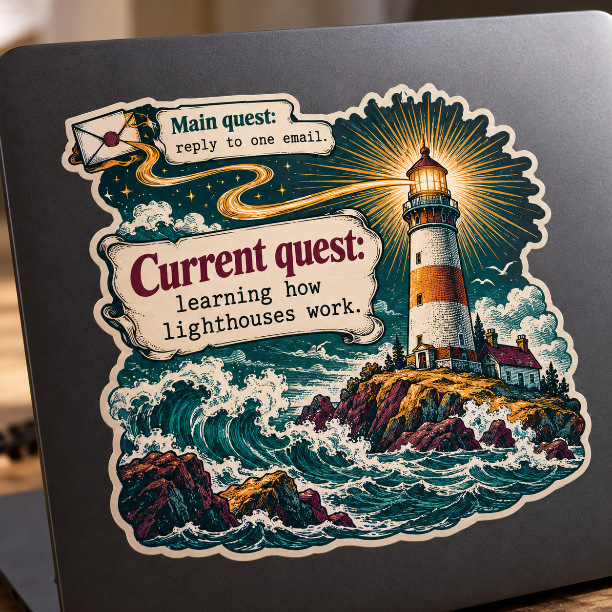 Die-cut vinyl · engraved lighthouse and winding path