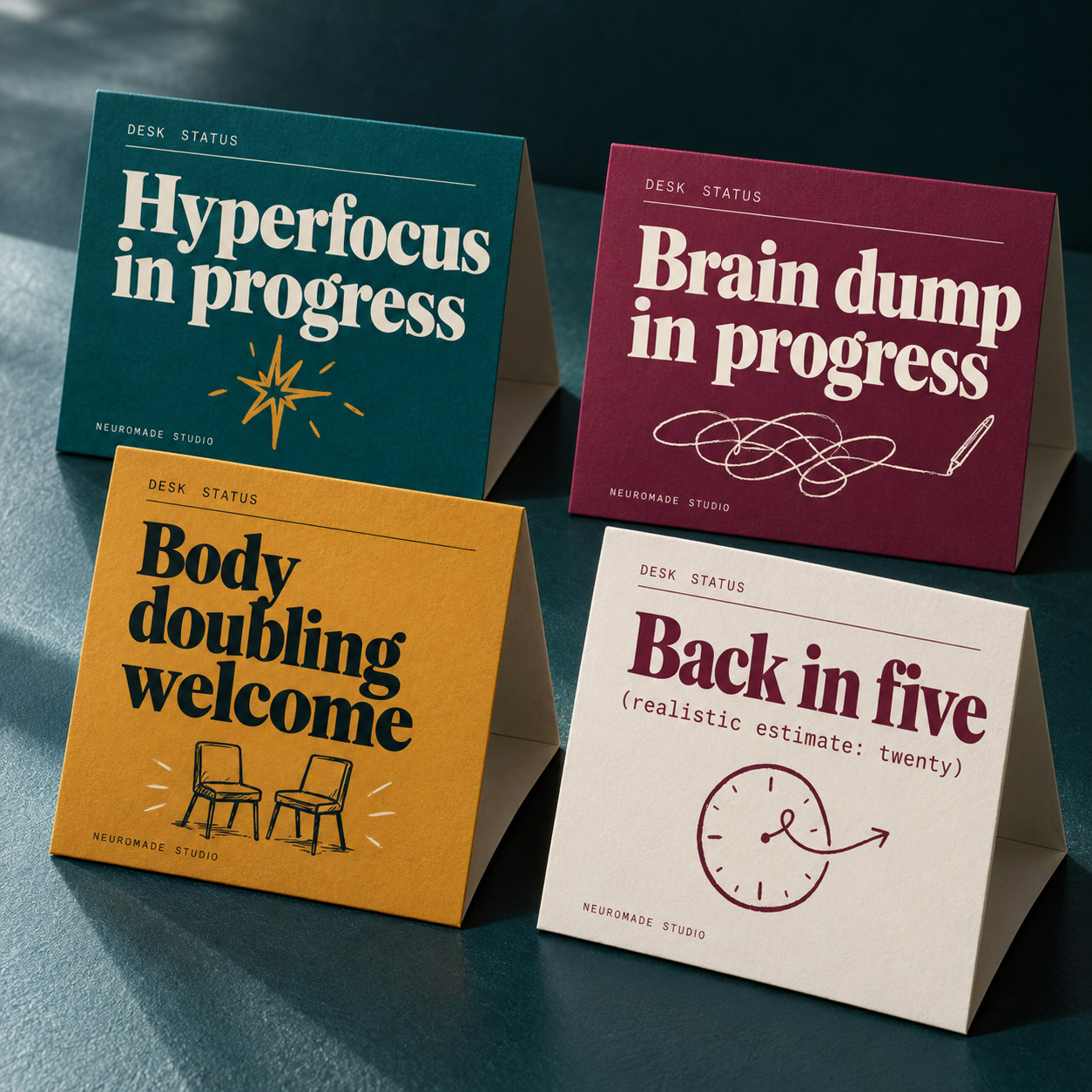 Folded desk signs · four colourways and status drawings