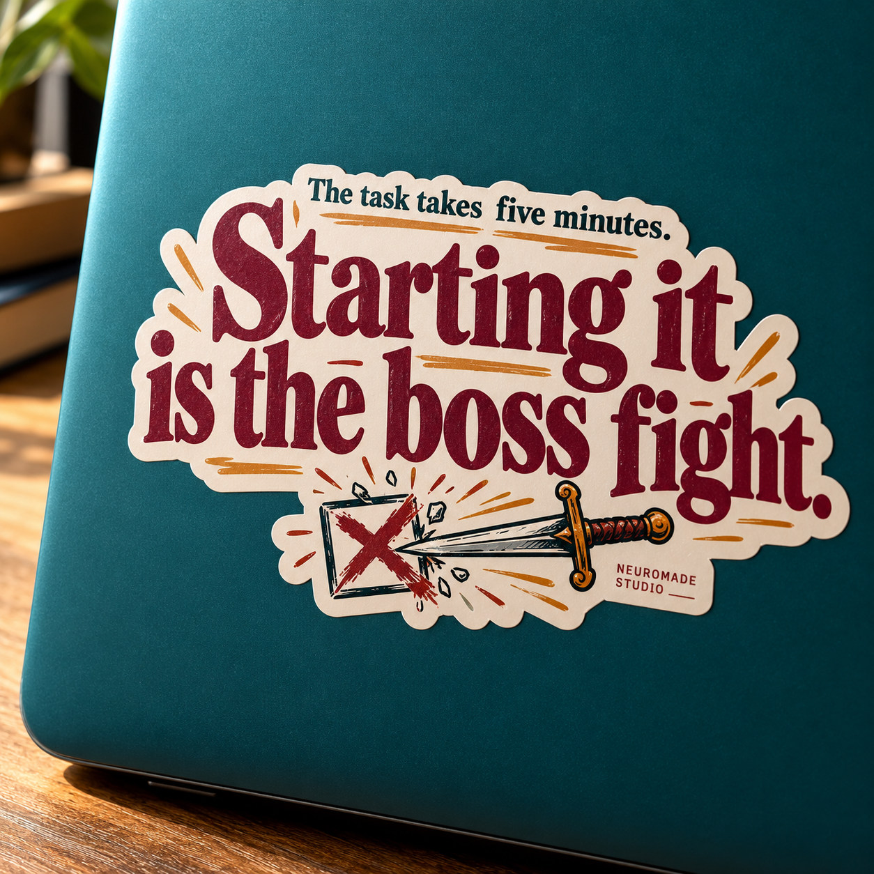 Die-cut vinyl · oversized lettering and sword/check illustration
