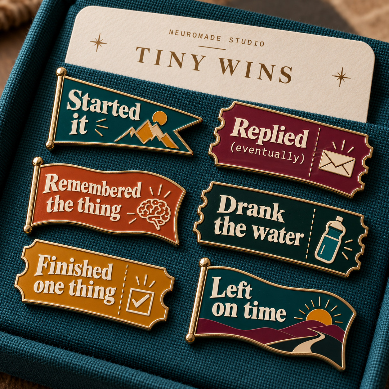 Enamel pin set · six individual pennants and tickets