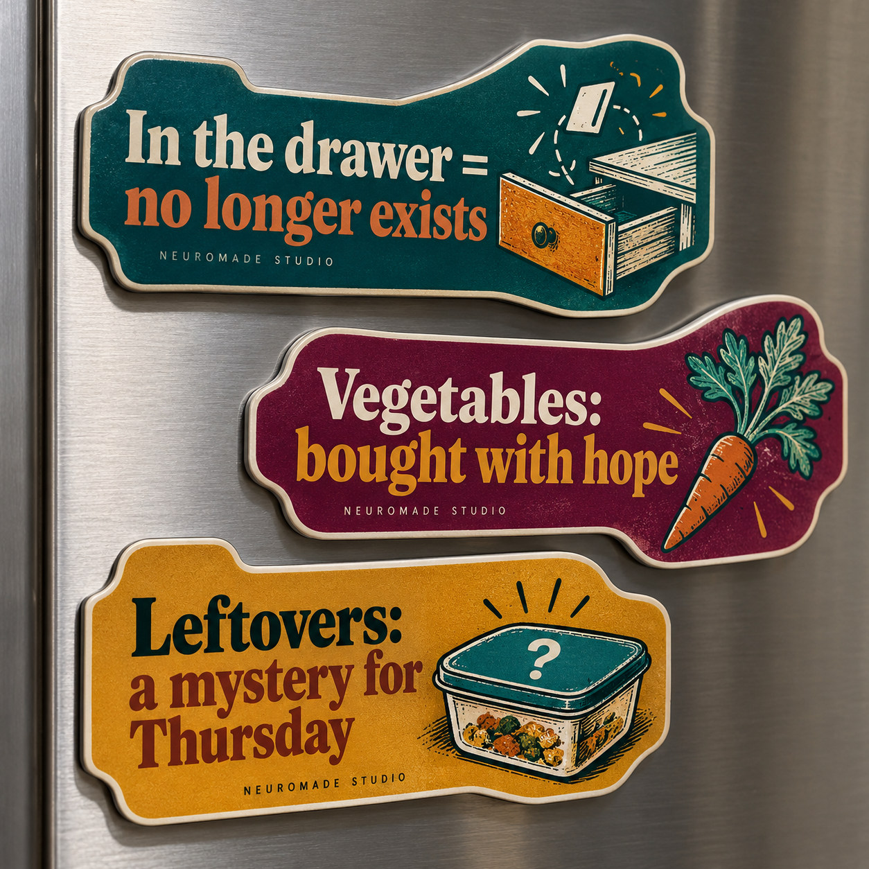 Magnet set · illustrated drawer, carrot and leftovers