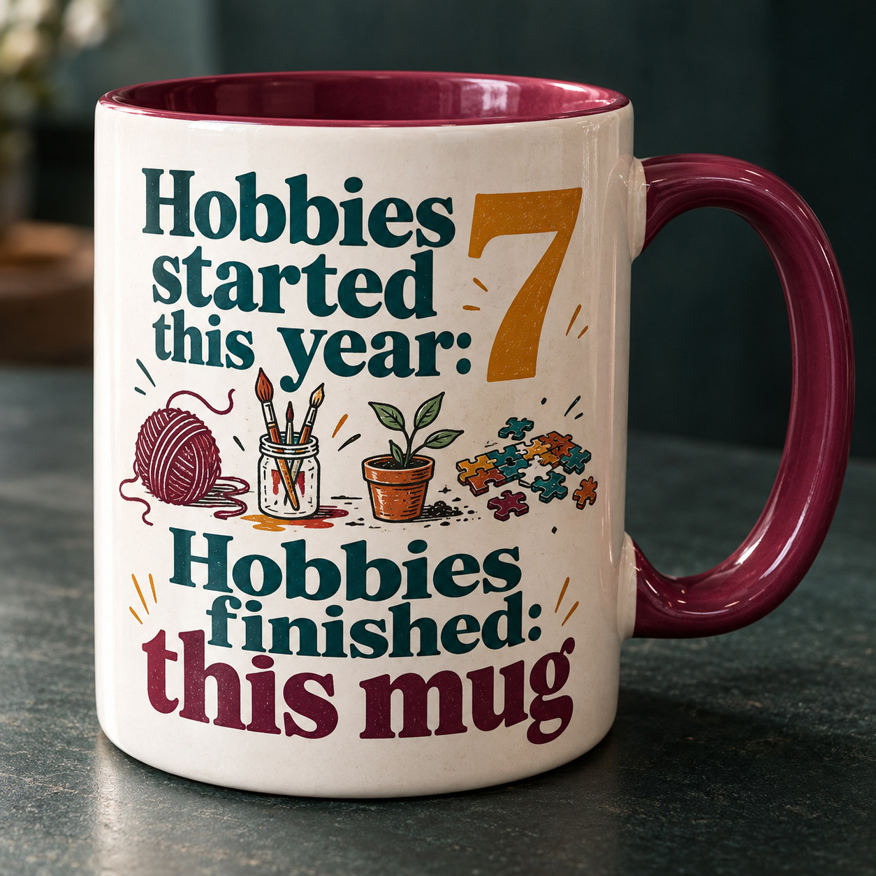 Two-tone ceramic mug · hobby illustrations and oversized seven