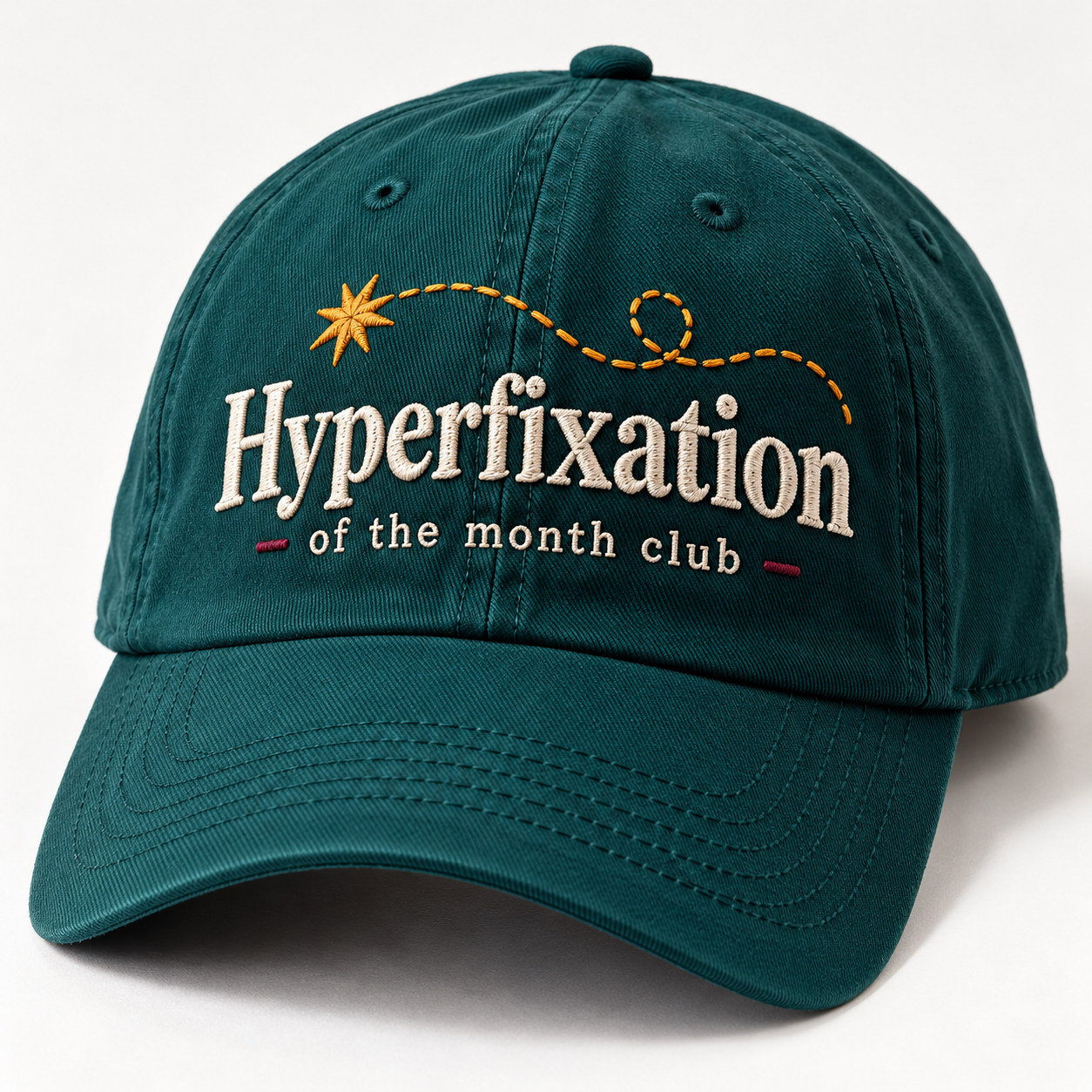 Cotton cap · embroidered type and wandering stitch