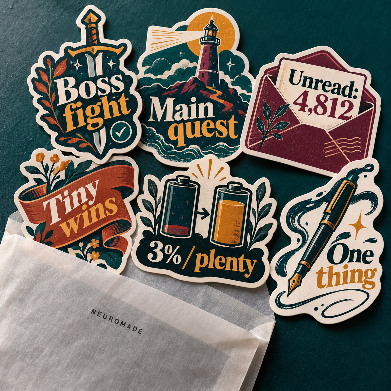 Six-piece pack · illustrated die-cuts and glassine packaging