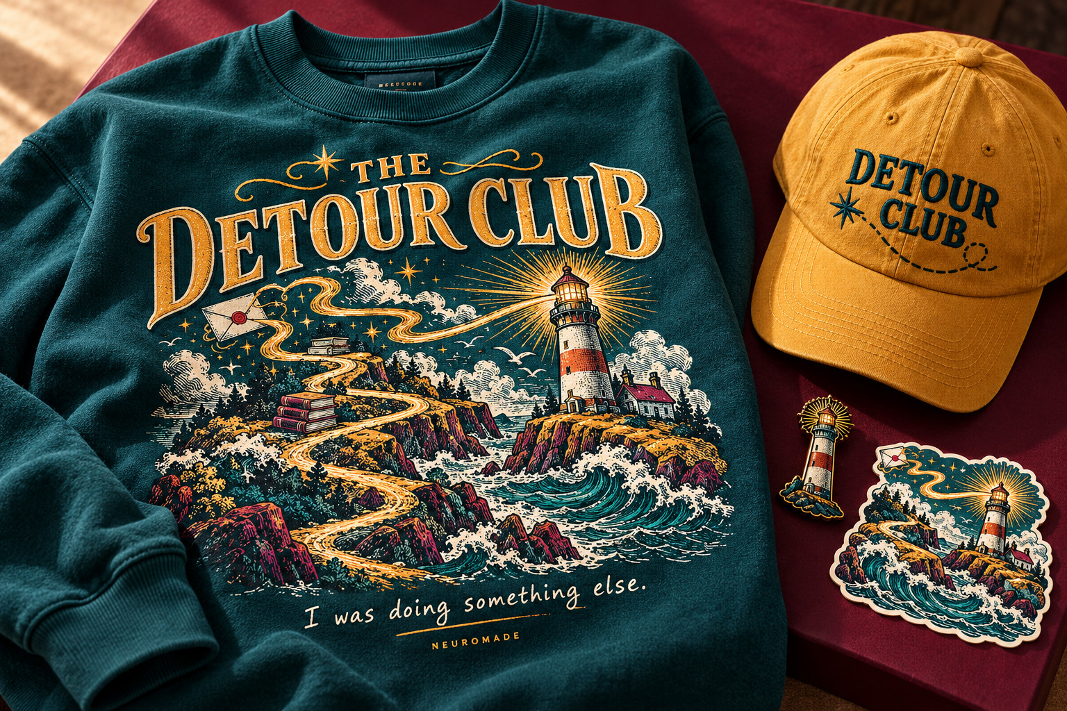 The Detour Club sweatshirt, cap, enamel pin and sticker